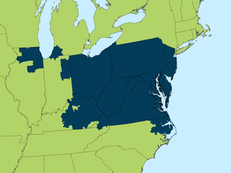 Map showing the PJM service territory in dark blue across much of the Mid-Atlantic and Midwest